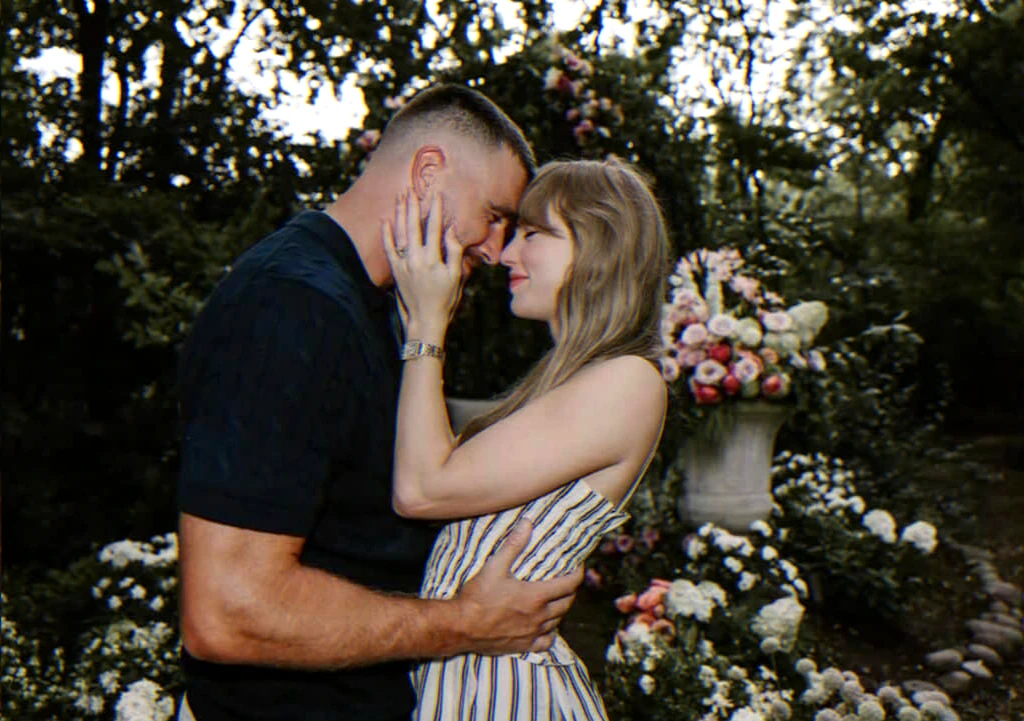 engagement announcement of a high-profile couple with close-up of engagement ring