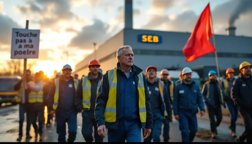 Salariés SEB manifestant devant l'usine avec banderoles « Touche pas à ma poêle »