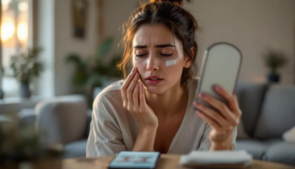 Victime d’une injection clandestine regardant son reflet — visage enflé et pansement, smartphone montrant un feed Instagram flouté