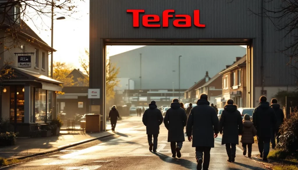 Parvis de l'usine Tefal à Rumilly, ouvriers entrant au travail et commerces voisins animés