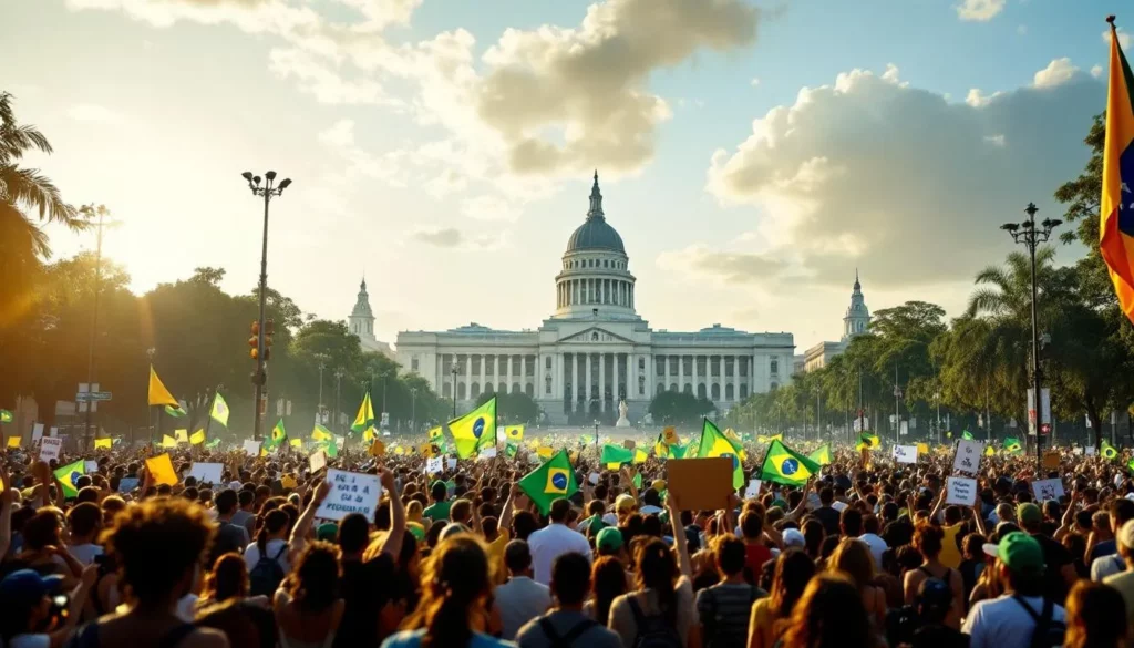 Manifestation et banderoles politiques au Brésil pendant la pré-campagne 2026, drapeaux brésiliens et tension sur le parvis