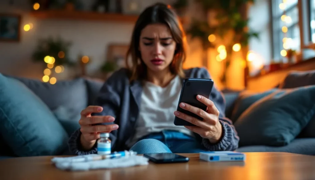 Victime d'injection clandestine tenant un smartphone montrant une vidéo TikTok, seringue sur la table