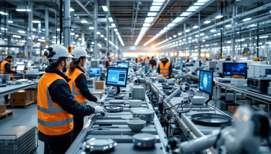 Intérieur usine SEB : lignes automatisées, opérateurs et robots en activité