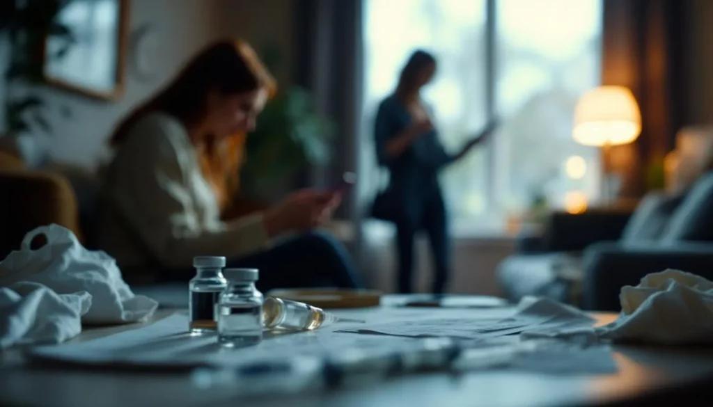 Intérieur d’un Airbnb avec matériel d’injection sur une table et smartphone enregistrant, ambiance tendue (photo documentaire)