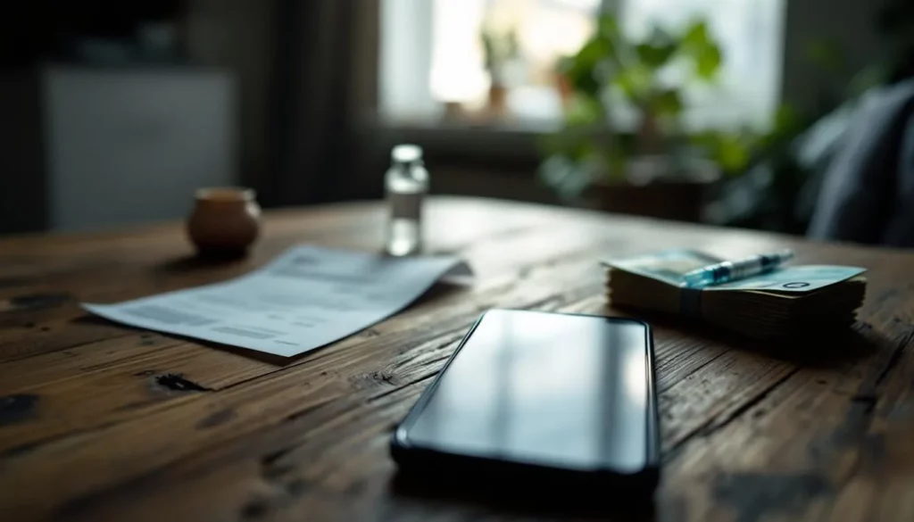 Smartphone affichant une conversation Instagram, carte de réservation Airbnb et seringue posés sur une table en bois