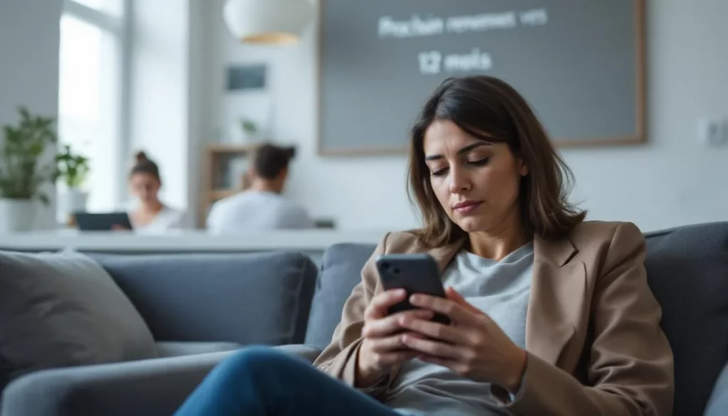 Femme dans une salle d’attente regardant son téléphone avec un fil Instagram, panneau indiquant « Rendez‑vous : 12 mois » en arrière‑plan