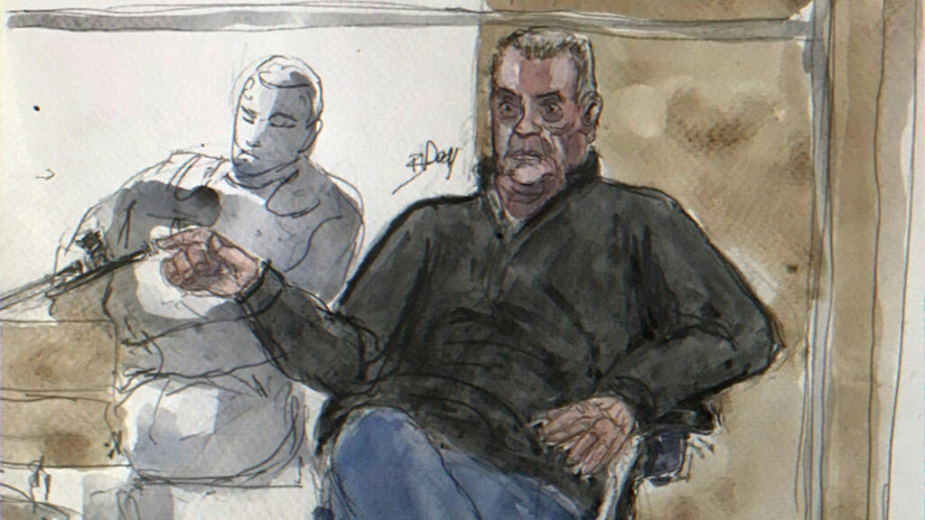 courtroom sketch for a cold-case exhumation and judicial investigation