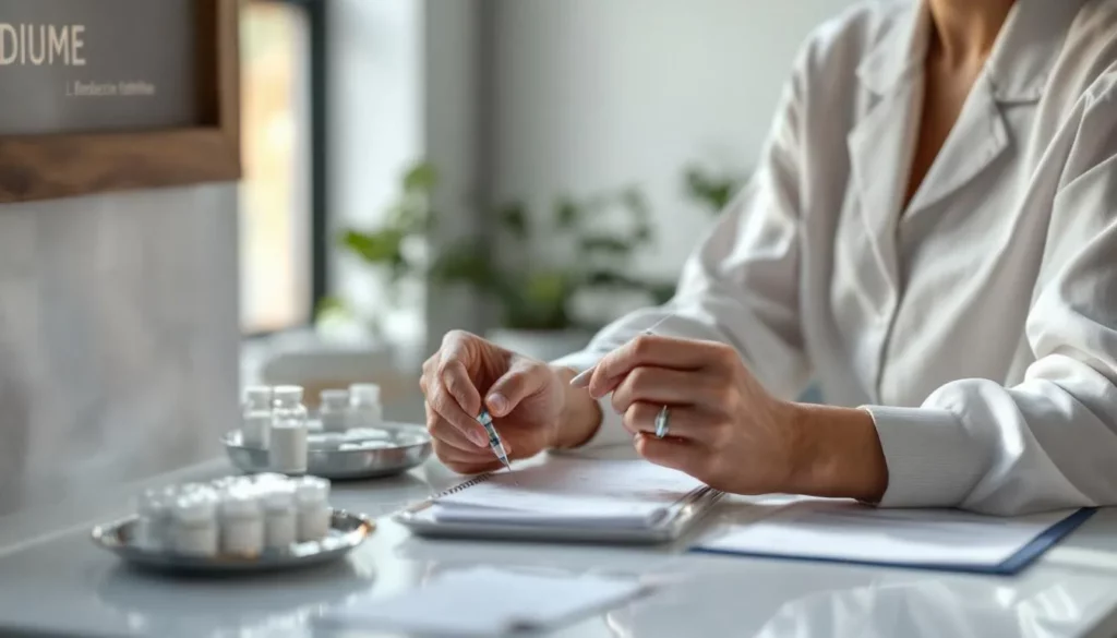 Consultation médecin esthétique DIUME en cabinet, plaque et ordonnance visibles
