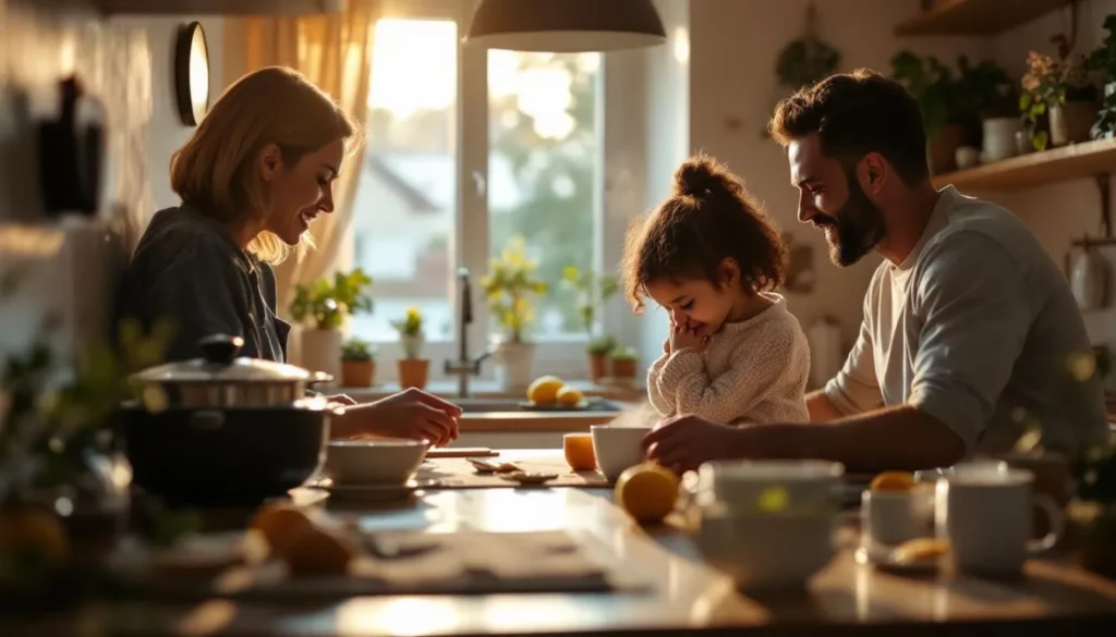 Famille dans une cuisine moderne utilisant des appareils du quotidien — innovation qui simplifie la vie