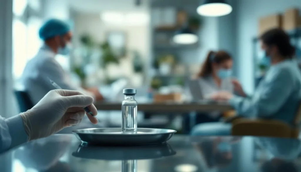 Gros plan d’une seringue sur plateau, contraste entre cabinet médical stérile et studio esthétique non médical floutés