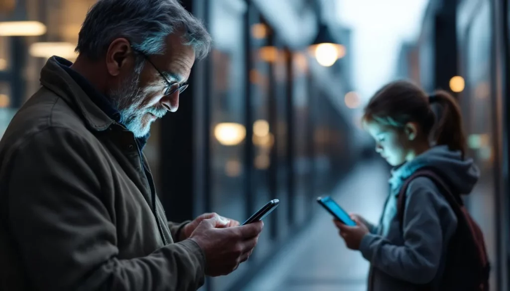 Souveraineté numérique : parent consultant données de santé sur smartphone, enfant avec tablette à l'école, bâtiment public en arrière-plan