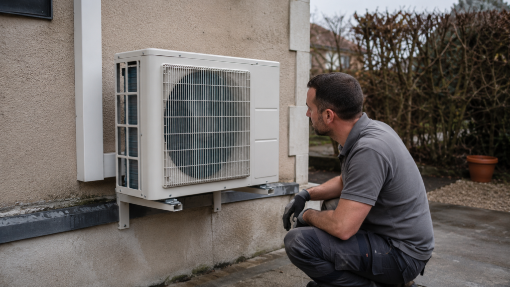 Technicien inspectant une pompe à chaleur extérieure installée sur la façade d’une maison pavillonnaire française.