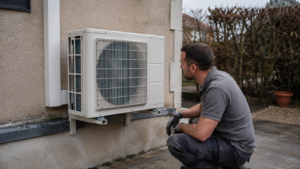 Technicien inspectant une pompe à chaleur extérieure installée sur la façade d’une maison pavillonnaire française.